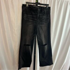 American Eagle Outfitters Hi-Rise Kick Crop Black Distressed Jeans, size 10